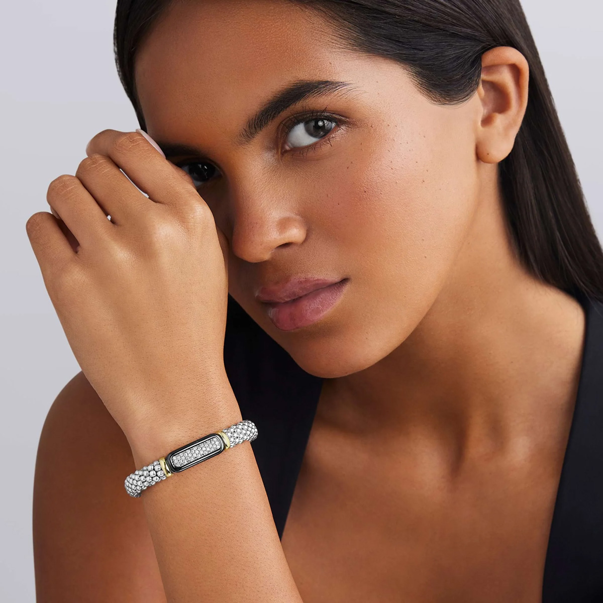 LAGOS Black Caviar Diamond Pavé Bracelet in Sterling Silver, Yellow Gold, & Black Ceramic, 9 mm