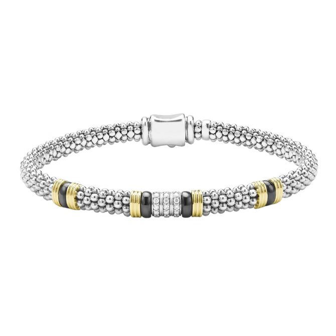 LAGOS Black Caviar Diamond Station Bracelet in Sterling Silver, Yellow Gold, & Black Ceramic, 6 mm