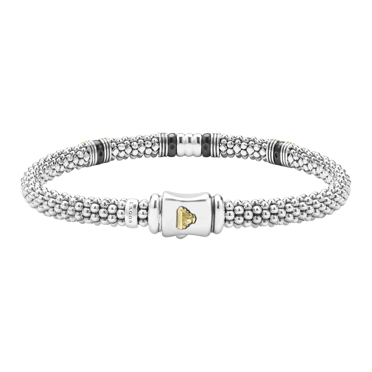LAGOS Black Caviar Diamond Station Bracelet in Sterling Silver, Yellow Gold, & Black Ceramic, 6 mm