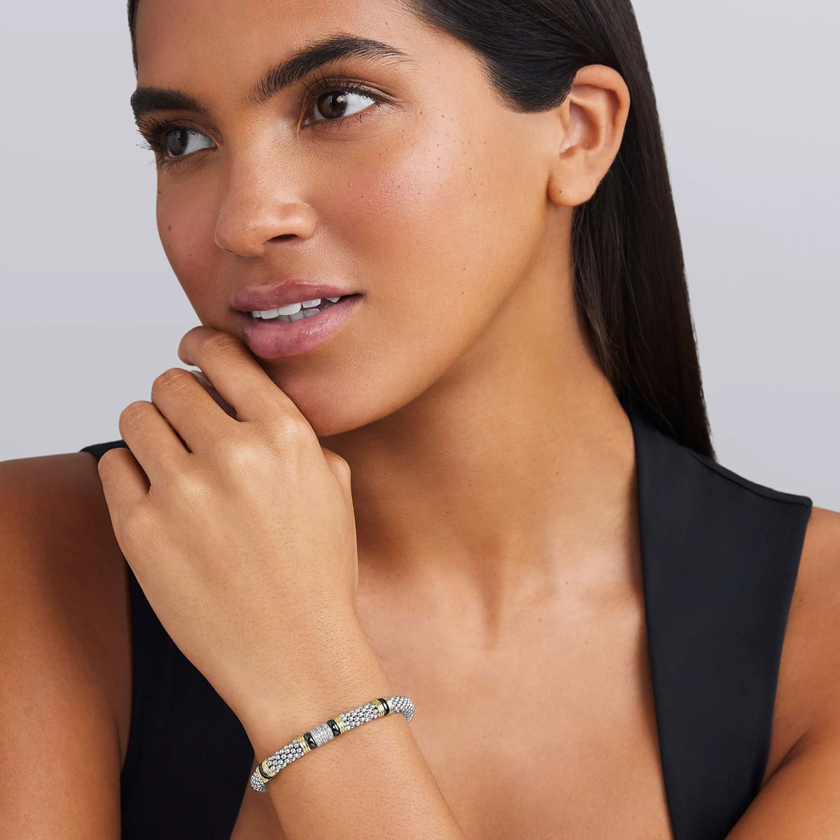 LAGOS Black Caviar Diamond Station Bracelet in Sterling Silver, Yellow Gold, & Black Ceramic, 6 mm
