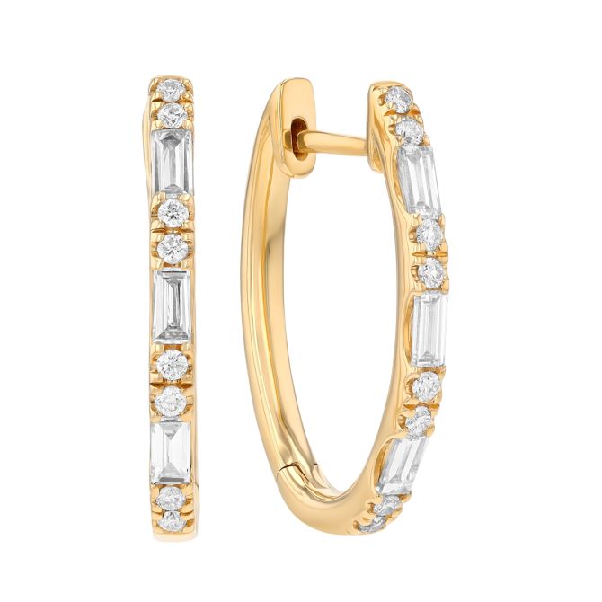 Baguette & Round Diamond Oval Hoop Earrings in Yellow Gold