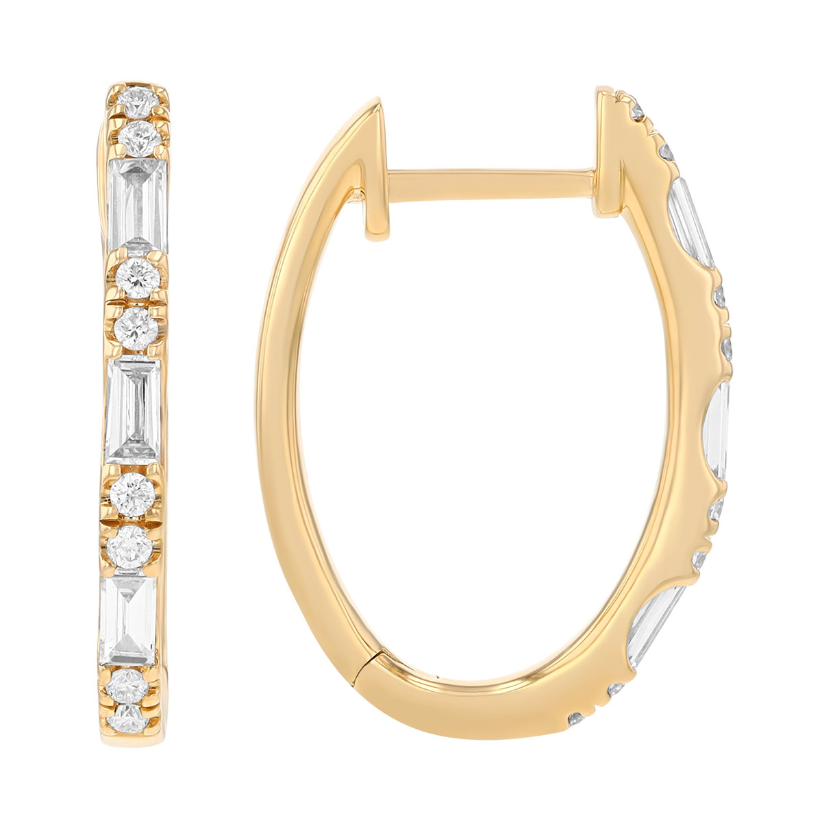 Baguette & Round Diamond Oval Hoop Earrings in Yellow Gold