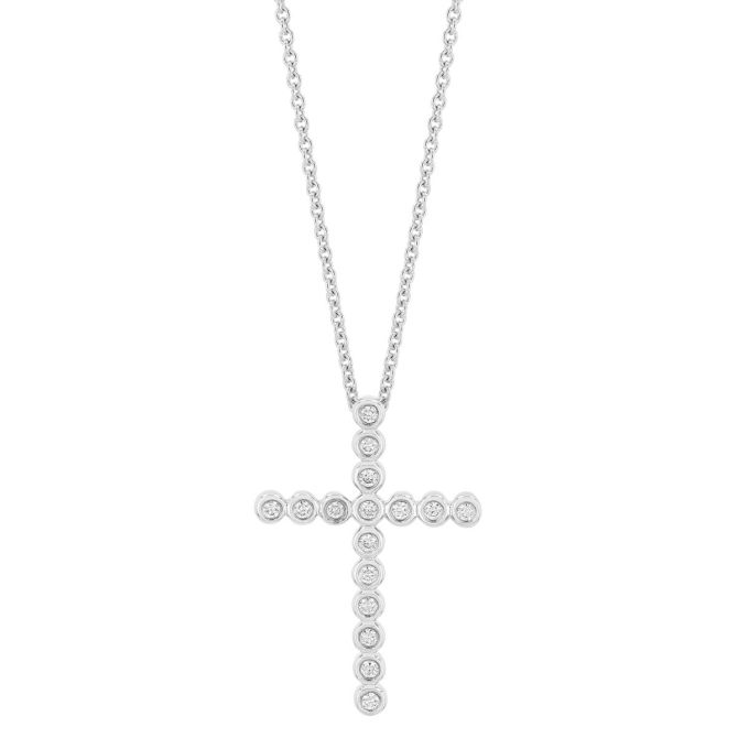 Bezel Set Diamond Cross Pendant in White Gold, 18"