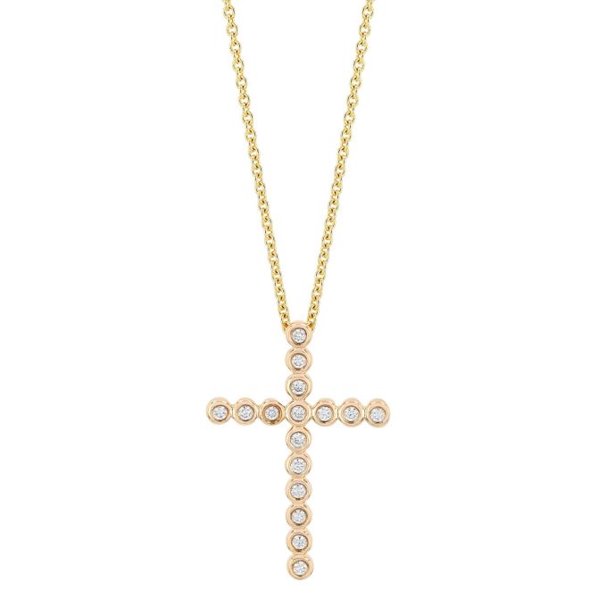 Bezel Set Diamond Cross Pendant in Yellow Gold, 18"