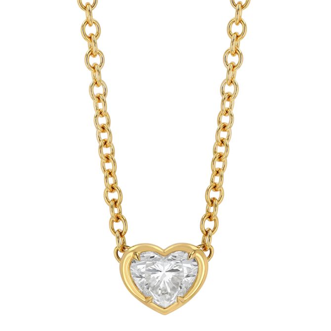 Rahaminov Heart Shape Diamond Solitaire Pendant in Yellow Gold, 16"
