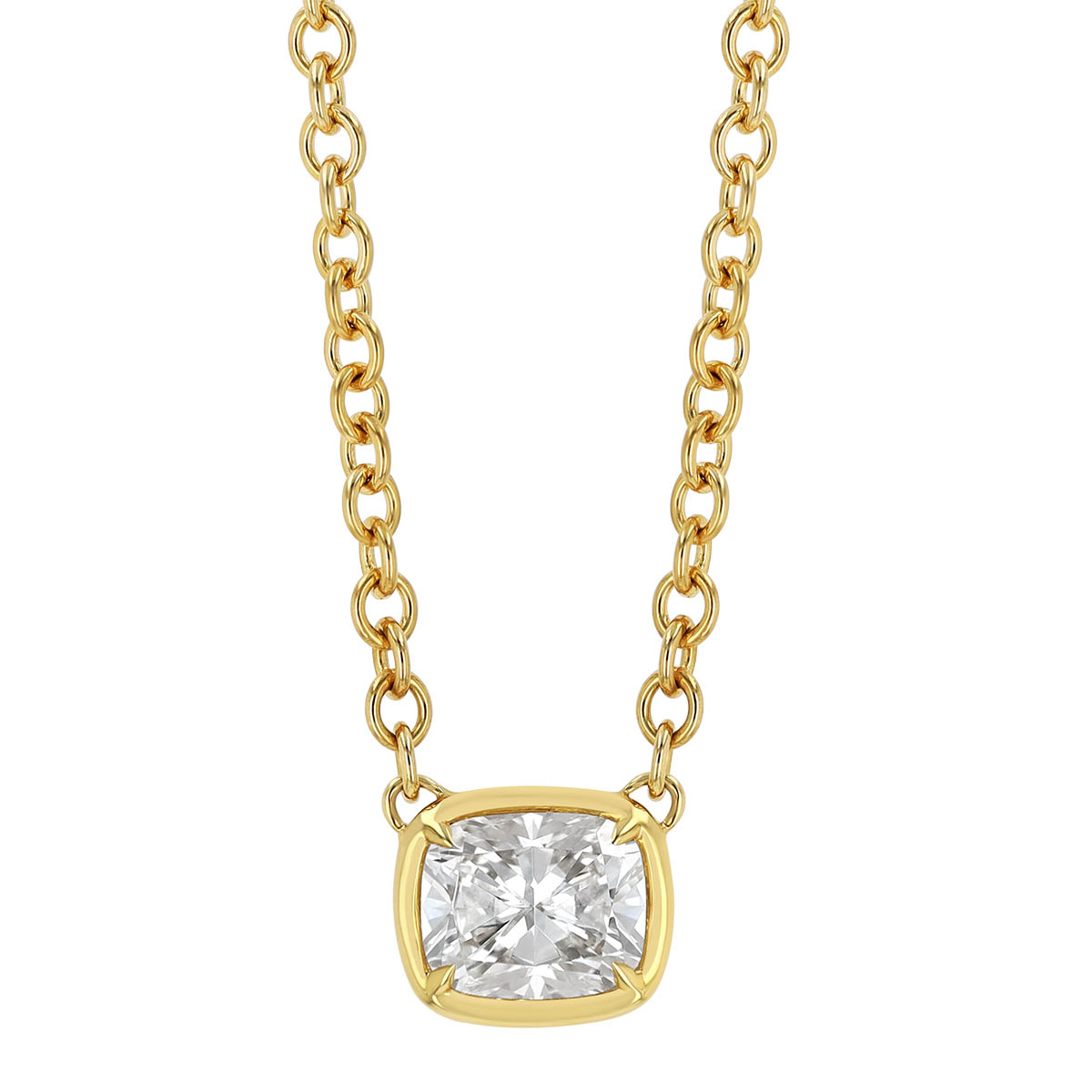Rahaminov Cushion Cut Diamond Solitaire Pendant in Yellow Gold, 16