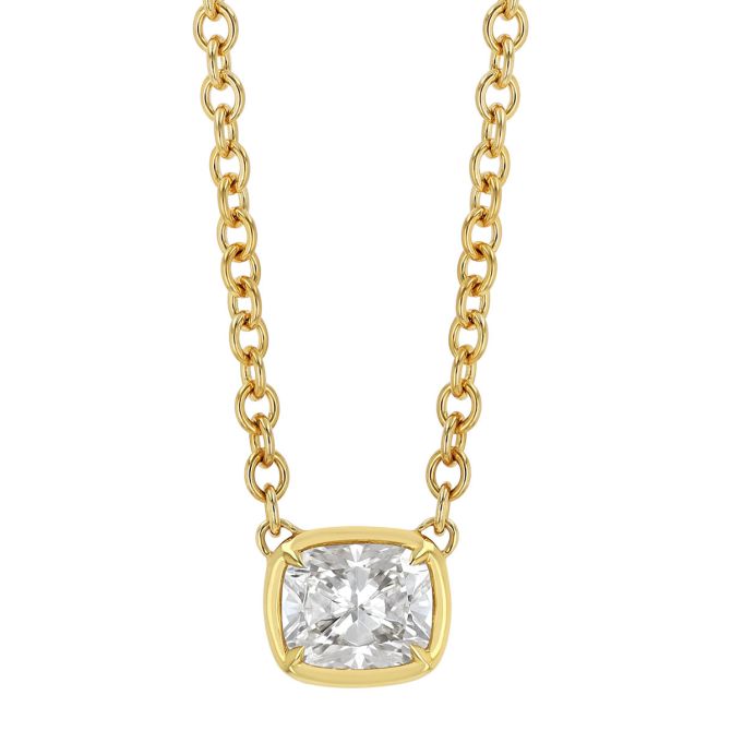 Rahaminov Cushion Cut Diamond Solitaire Pendant in Yellow Gold, 16"