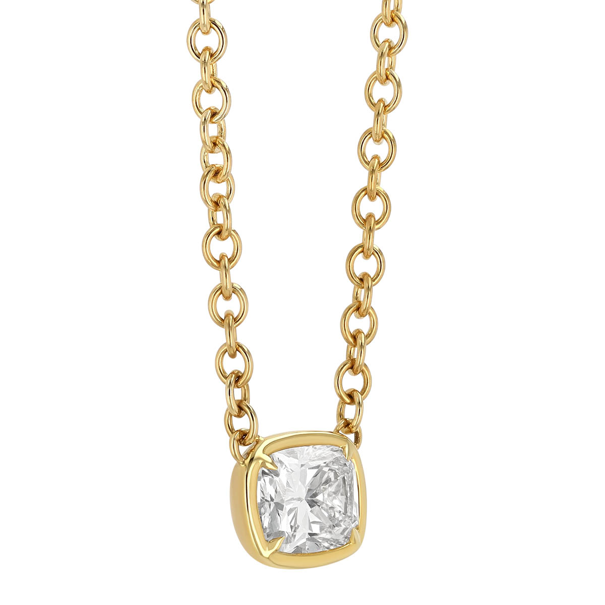 Rahaminov Cushion Cut Diamond Solitaire Pendant in Yellow Gold, 16
