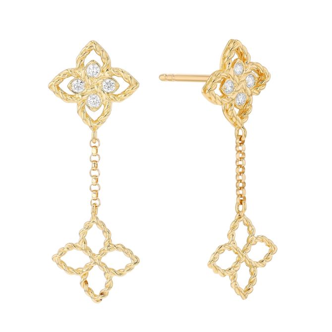 Roberto Coin Love in Verona Diamond Tiny Flower Dangle Earrings in Yellow Gold