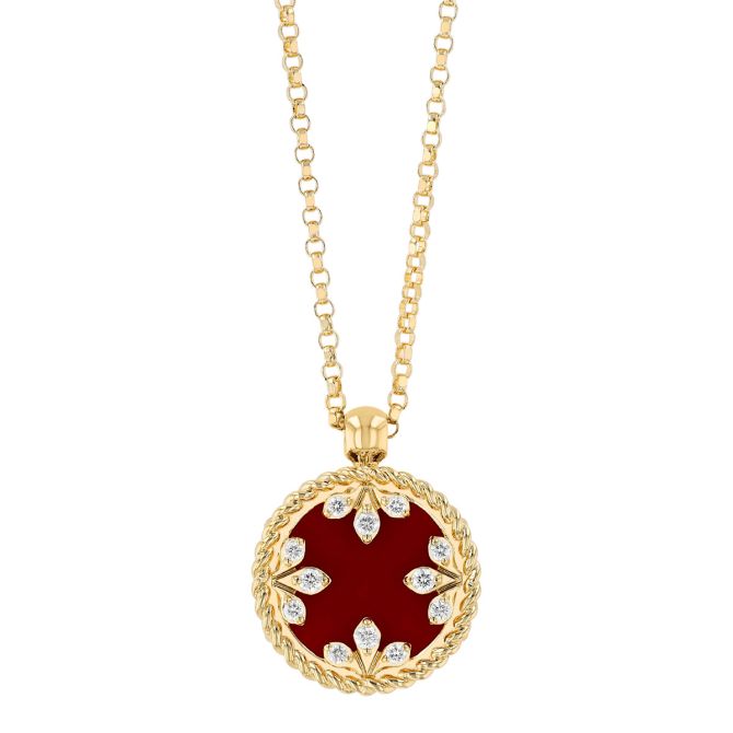 Roberto Coin Red Chalcedony & Diamond Flower Circle Pendant in Yellow Gold