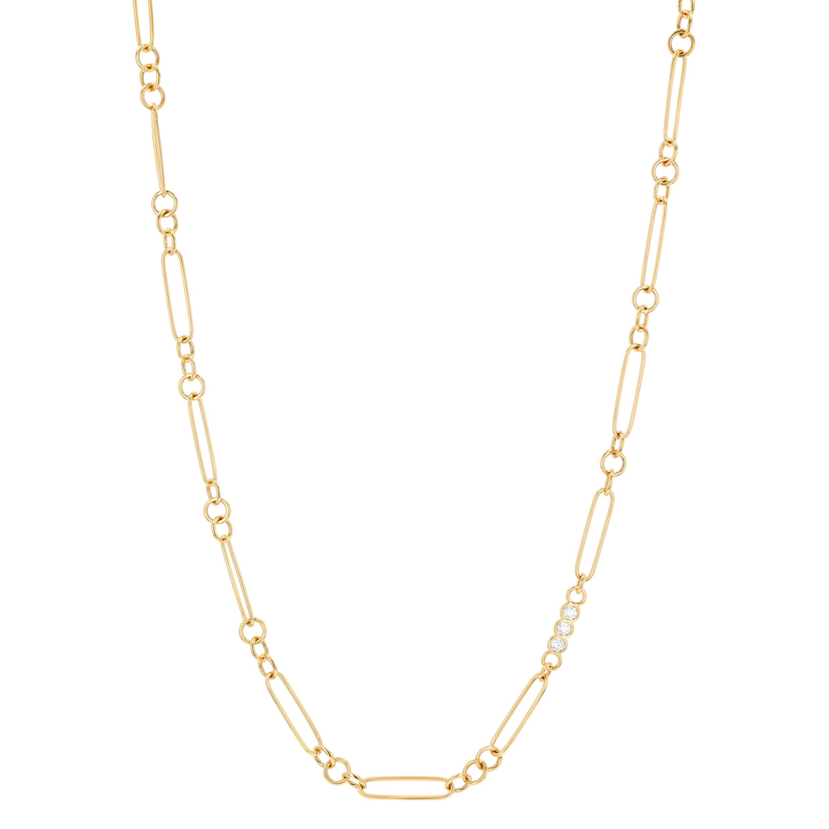 Roberto Coin Yellow Gold Paperclip & Round Link Necklace with Diamond Trio