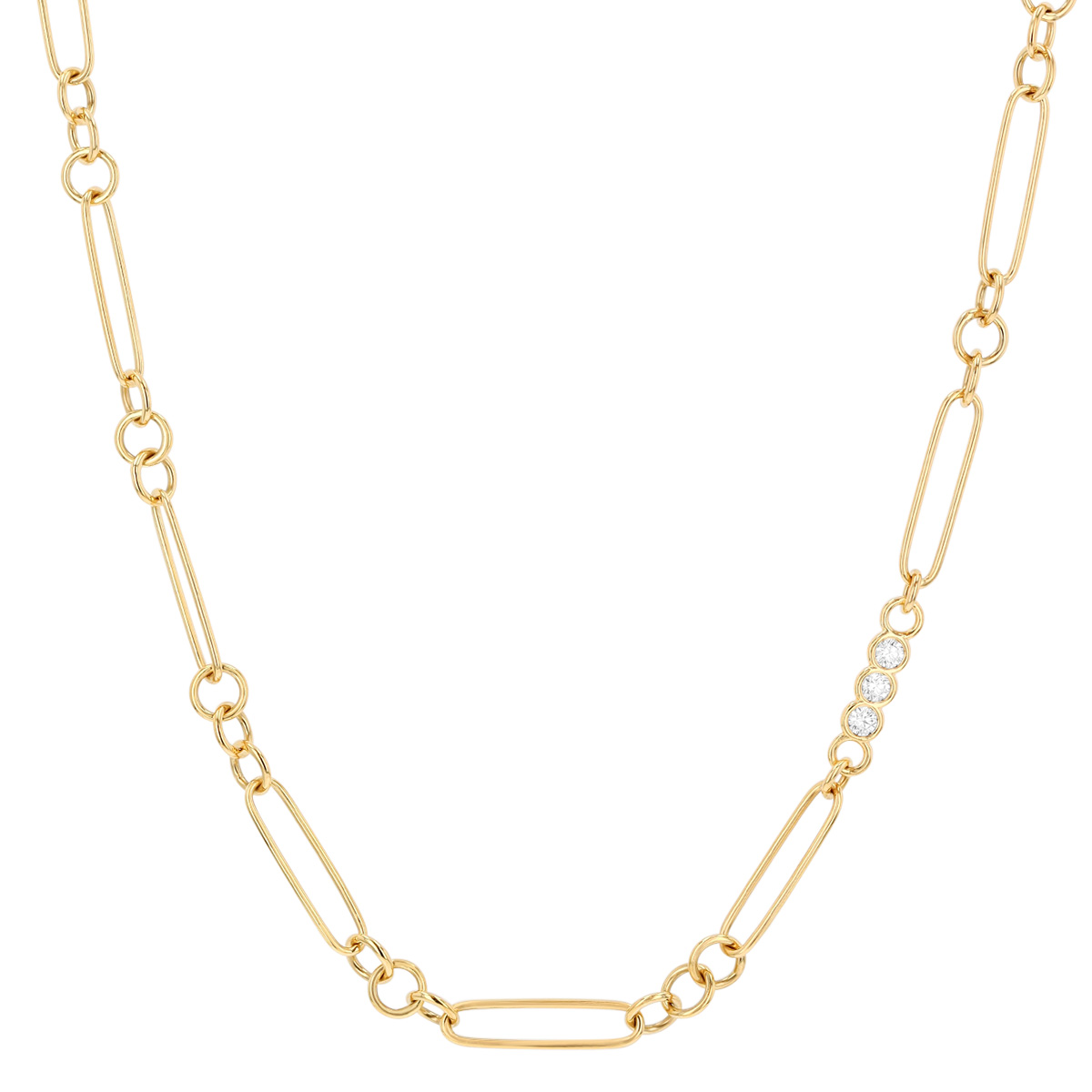 Roberto Coin Yellow Gold Paperclip & Round Link Necklace with Diamond Trio