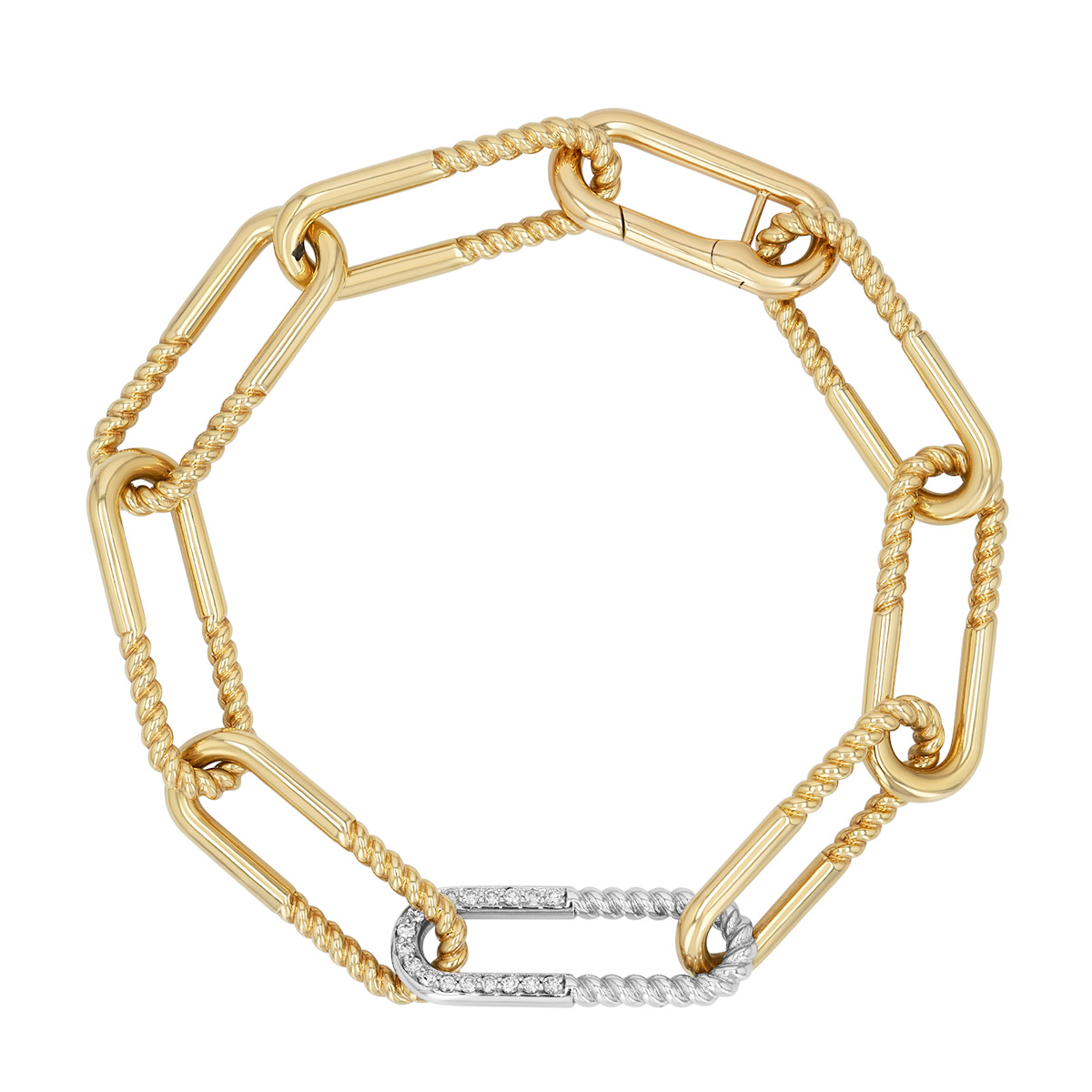 Roberto Coin Two Tone Paperclip Textured Bracelet with Diamond Accents, 8
