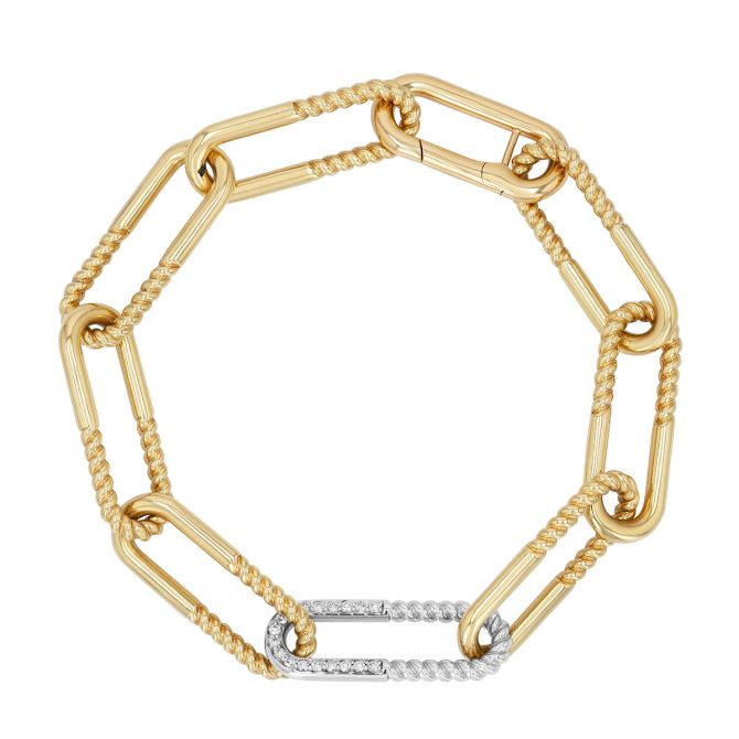 Roberto Coin Two Tone Paperclip Textured Bracelet with Diamond Accents, 8"