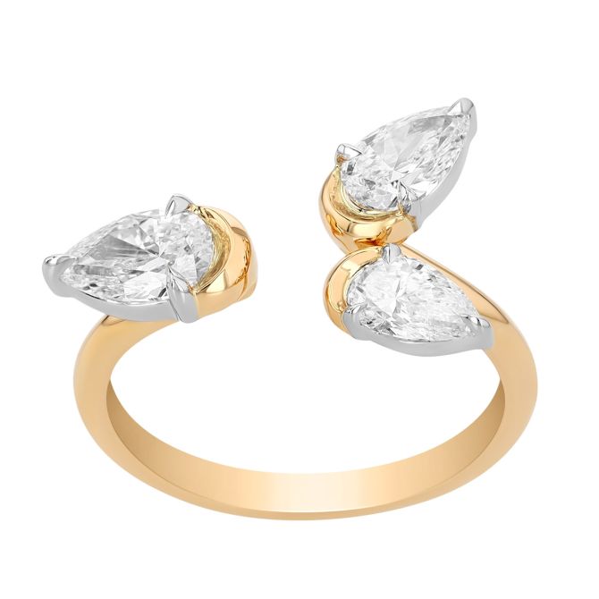 Phillips House One of One Pear Shape Diamond Trio Open Ring in Yellow Gold & Platinum, Size 6