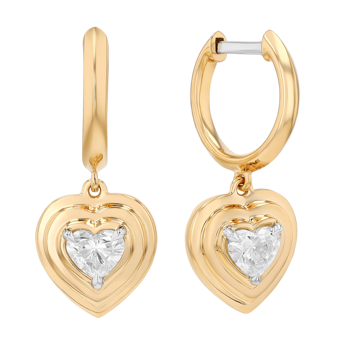 Phillips House Stories Heart Shape Diamond Dangle Hoop Earrings in Yellow Gold & Platinum