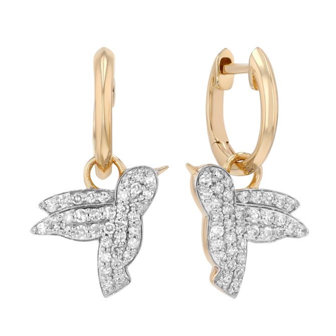 Phillips House Symphony Diamond Pavé Hummingbird Dangle Hoop Earrings in Yellow Gold