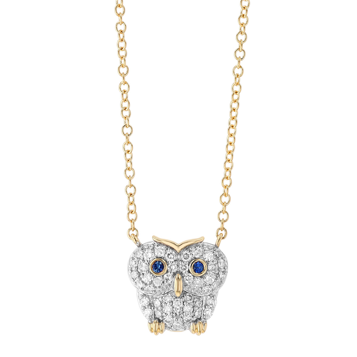 Phillips House Diamond Pavé Owl Pendant with Sapphires in Yellow Gold
