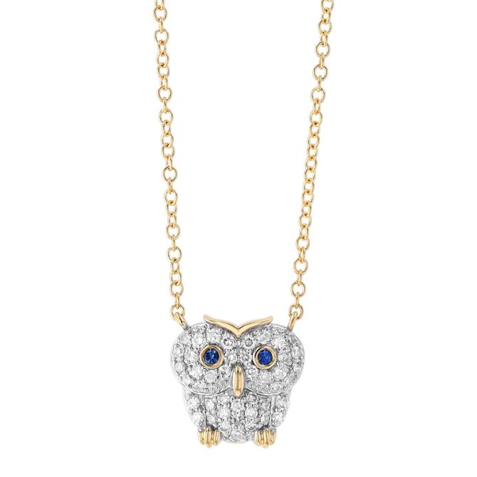 Phillips House Diamond Pavé Owl Pendant with Sapphires in Yellow Gold
