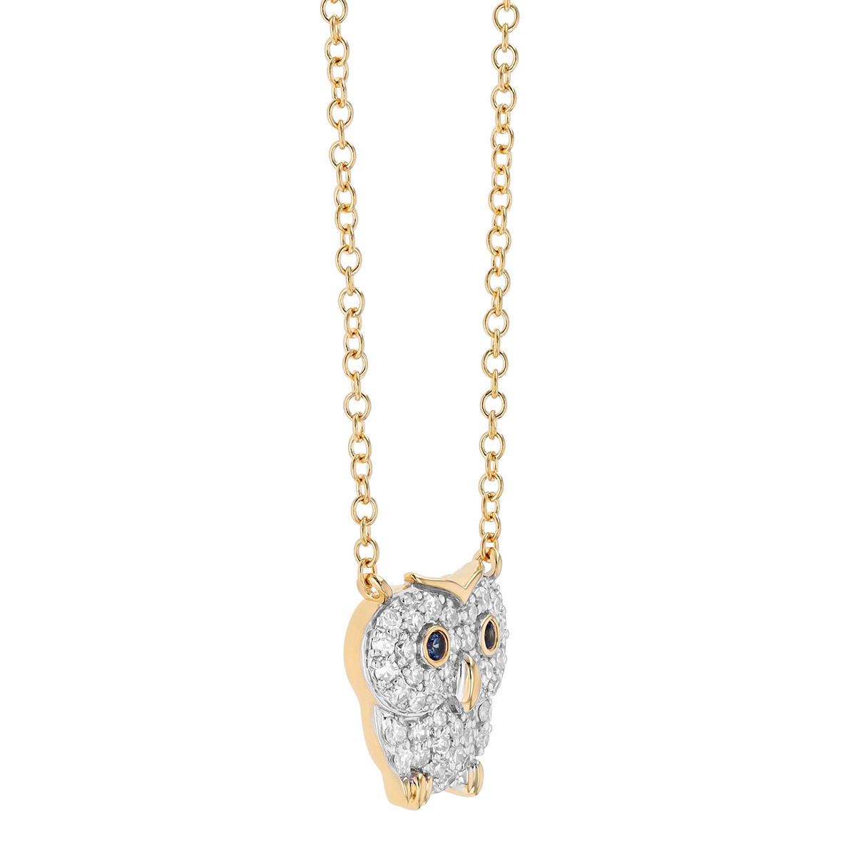 Phillips House Diamond Pavé Owl Pendant with Sapphires in Yellow Gold