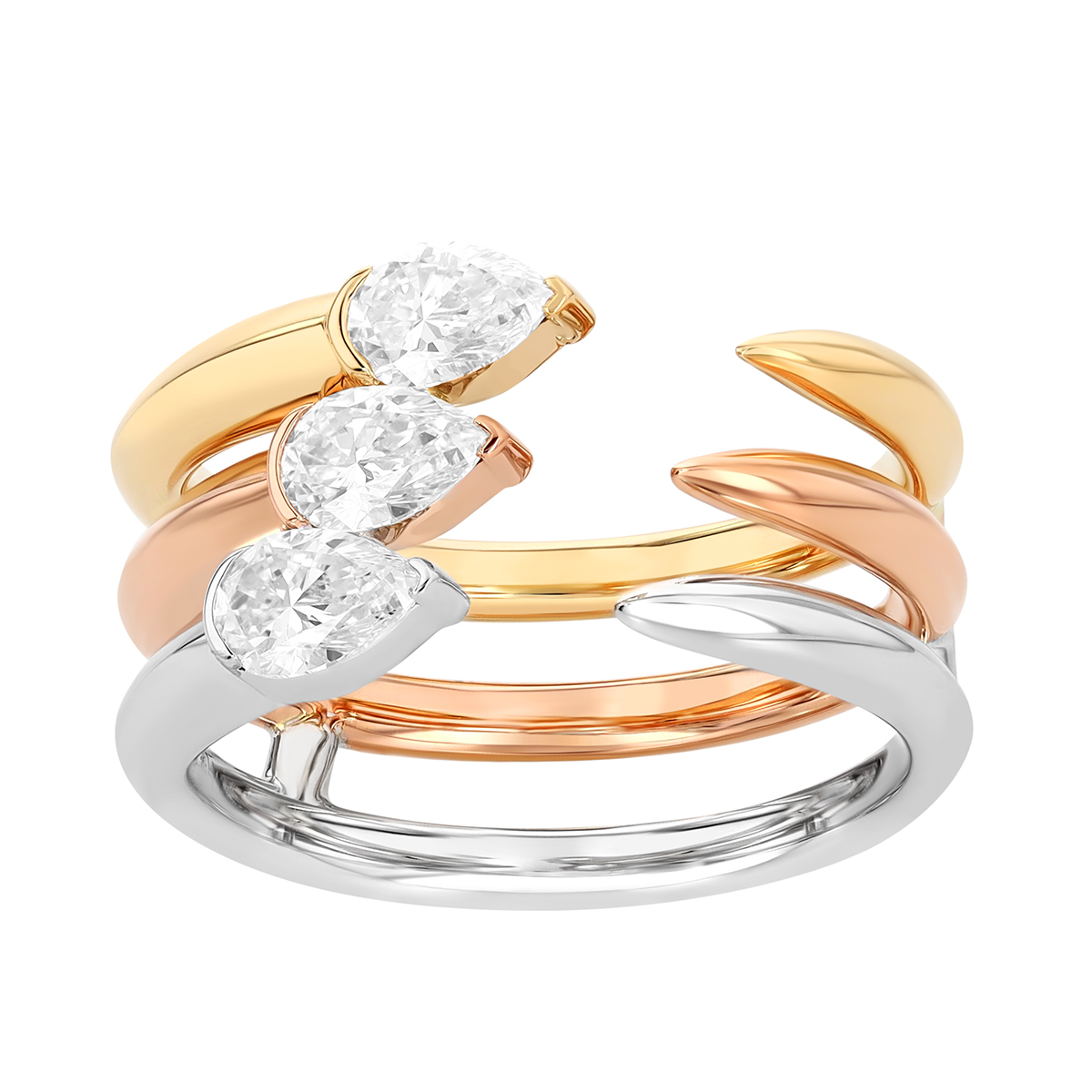 Phillips House Three by Three Pear Shape Diamond 3 Row Open Ring in Trio Tone, Size 7