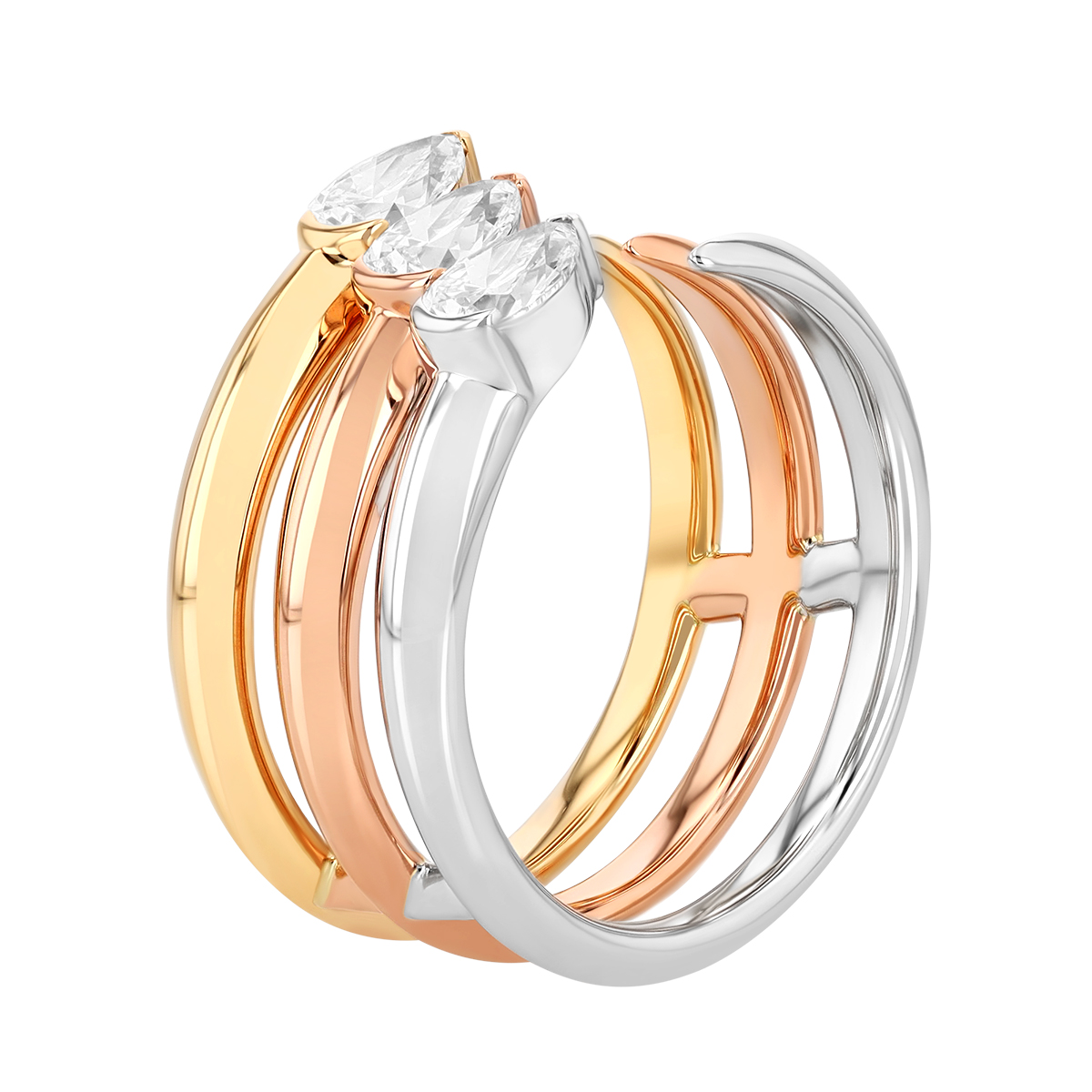 Phillips House Three by Three Pear Shape Diamond 3 Row Open Ring in Trio Tone, Size 7