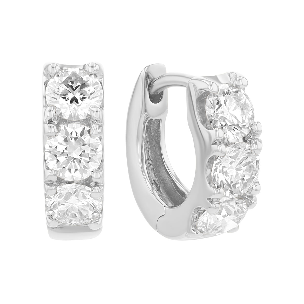 Round Diamond Trio Huggie Hoop Earrings in White Gold, 1.15 cttw