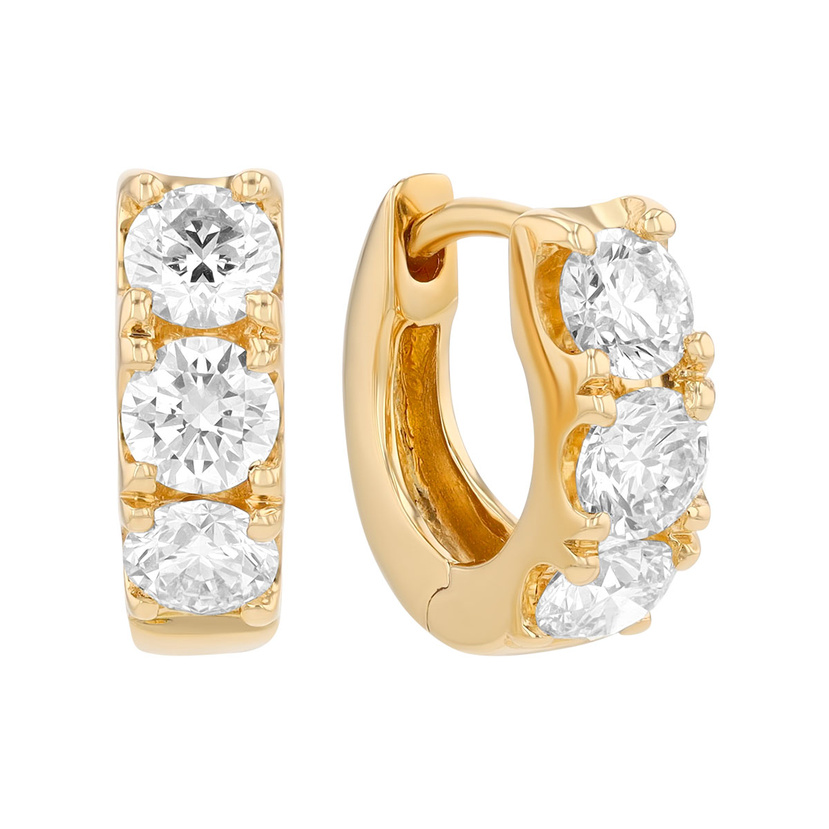 Round Diamond Trio Huggie Hoop Earrings in Yellow Gold, 1.15 cttw