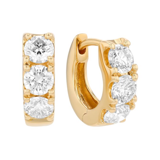 Round Diamond Trio Huggie Hoop Earrings in Yellow Gold, 1.15 cttw