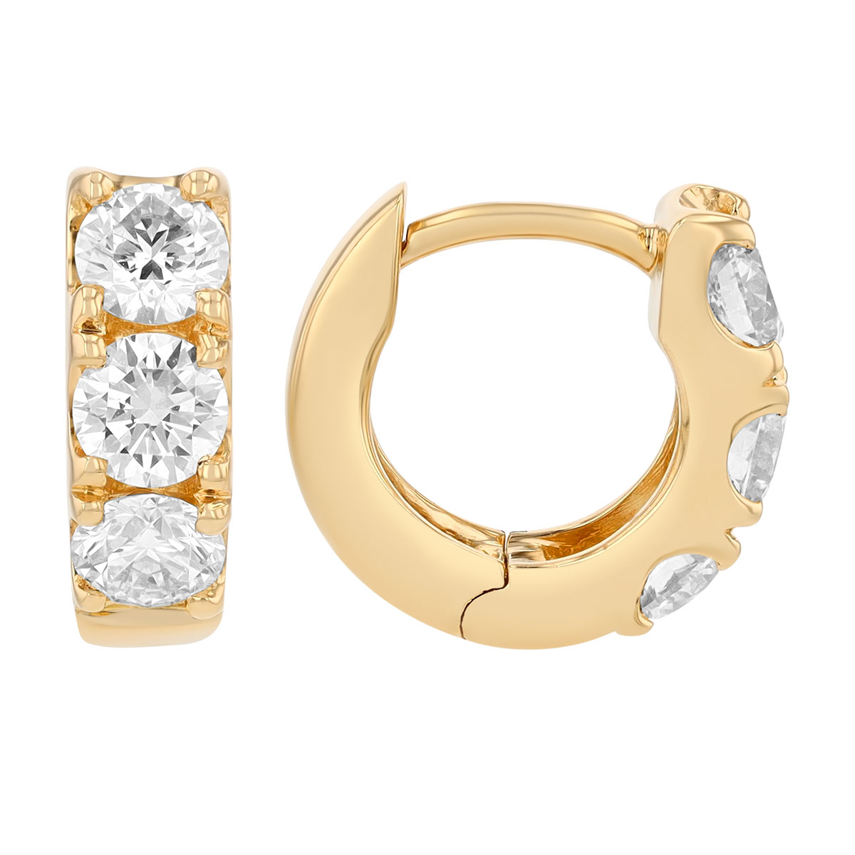 Round Diamond Trio Huggie Hoop Earrings in Yellow Gold, 1.15 cttw