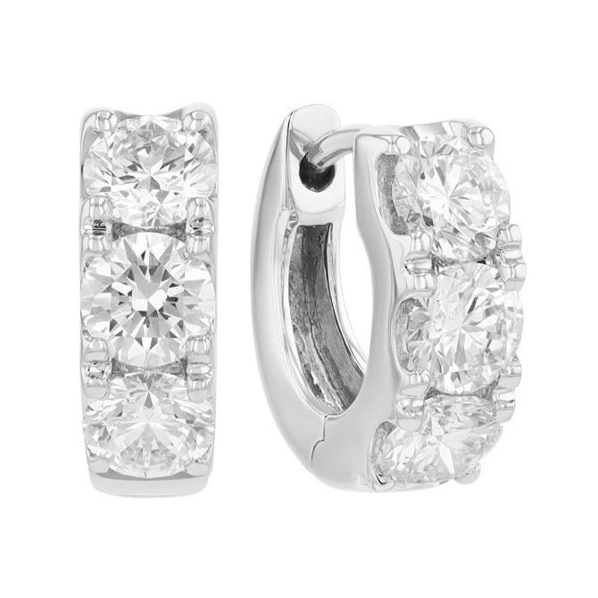 Round Diamond Trio Huggie Hoop Earrings in White Gold, 1.50 cttw