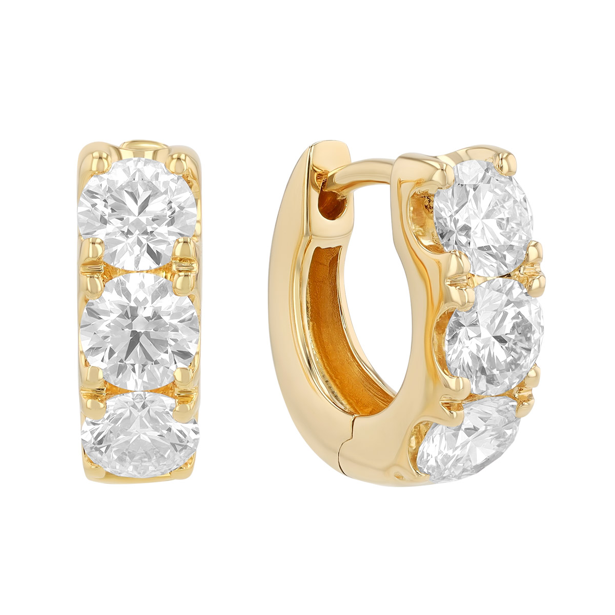 Round Diamond Trio Huggie Hoop Earrings in Yellow Gold, 1.50 cttw