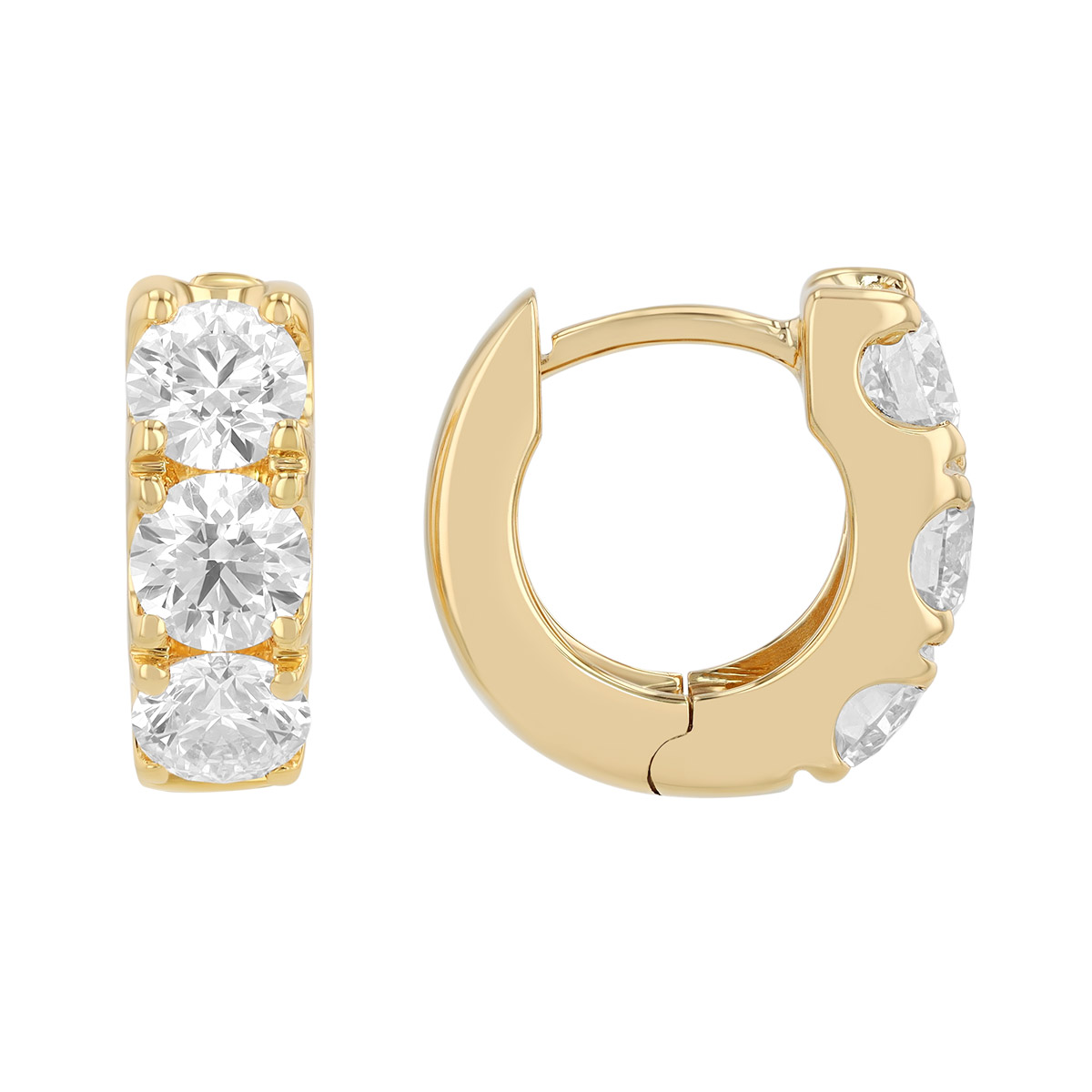 Round Diamond Trio Huggie Hoop Earrings in Yellow Gold, 1.50 cttw