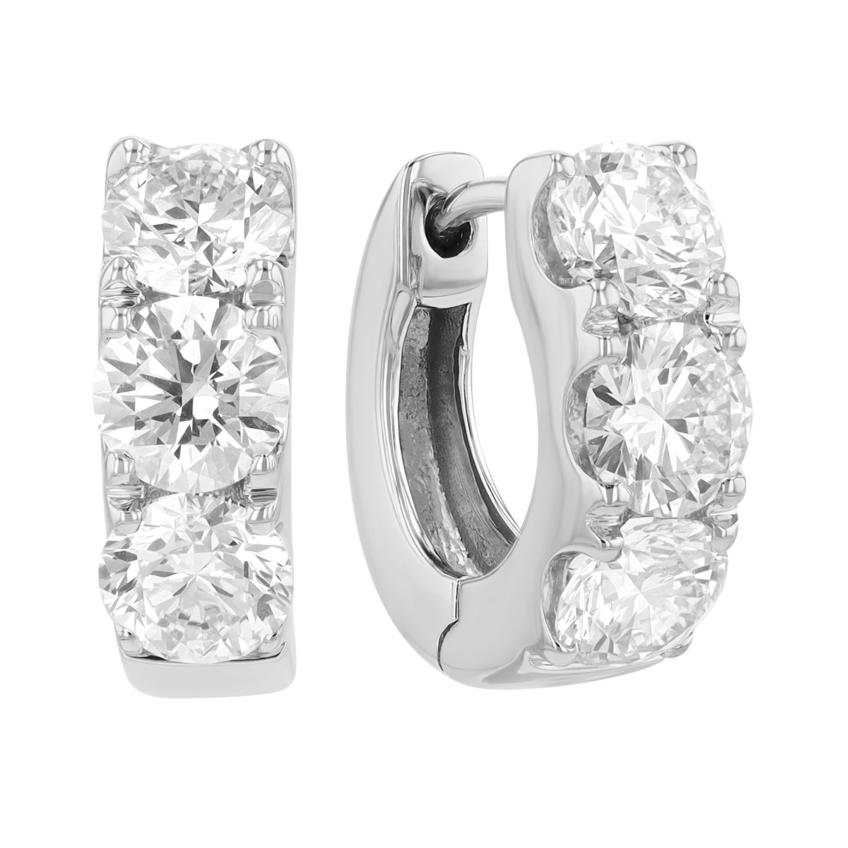 Round Diamond Trio Huggie Hoop Earrings in White Gold, 2.00 cttw