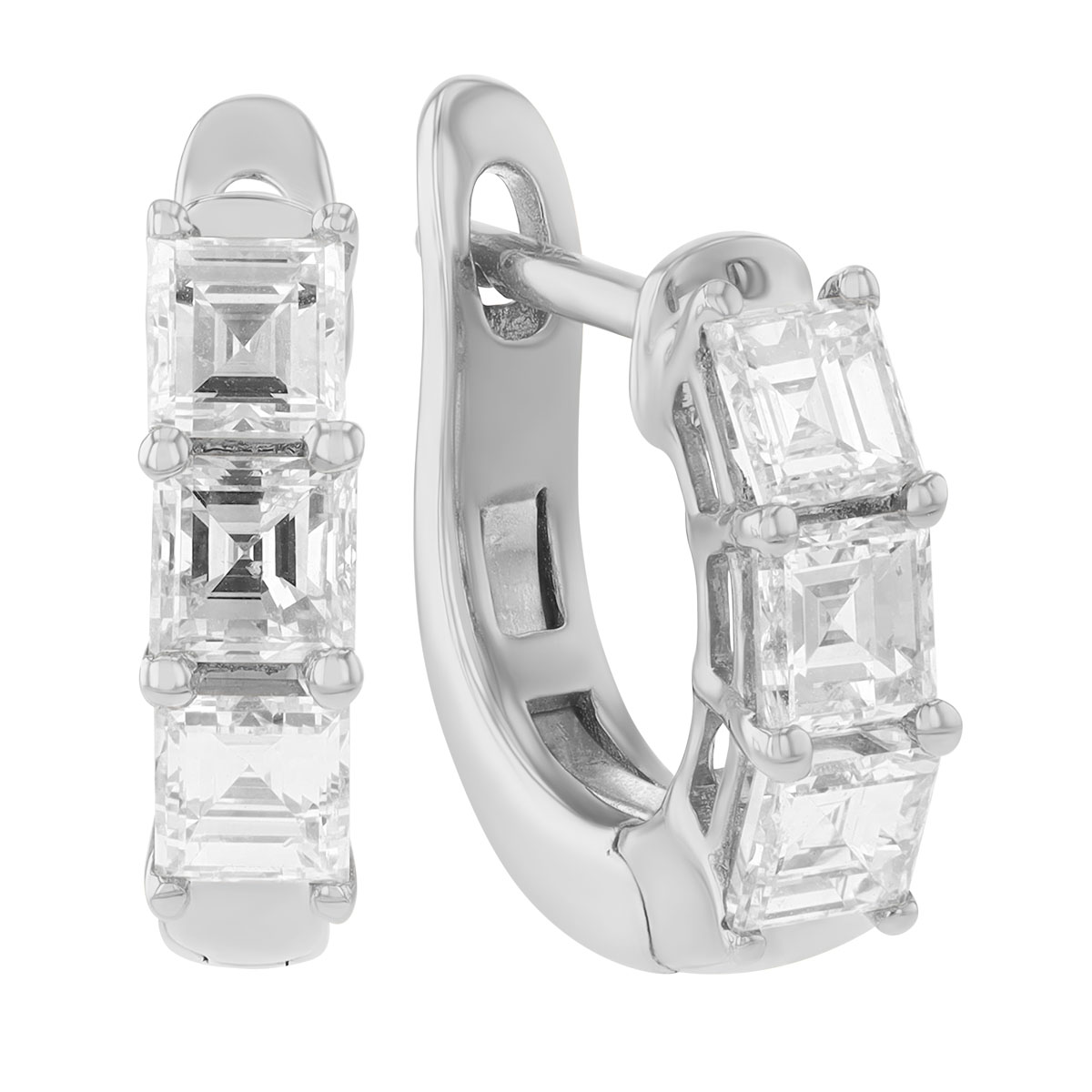 Asscher Cut Diamond Trio Huggie Hoop Earrings in White Gold, 1.35 cttw