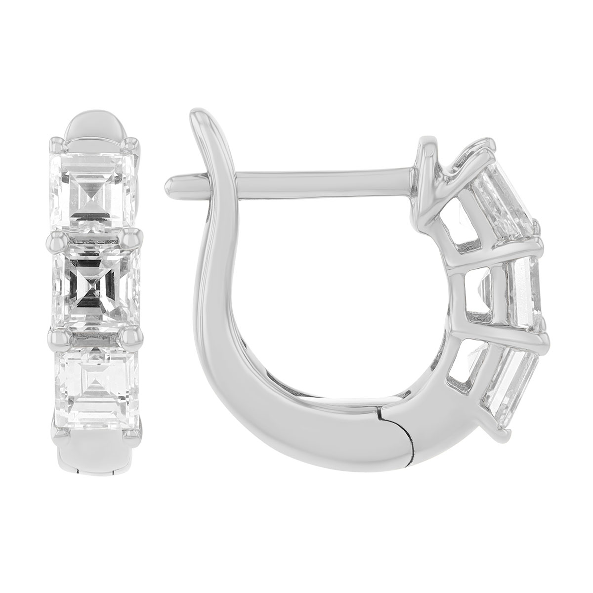 Asscher Cut Diamond Trio Huggie Hoop Earrings in White Gold, 1.35 cttw