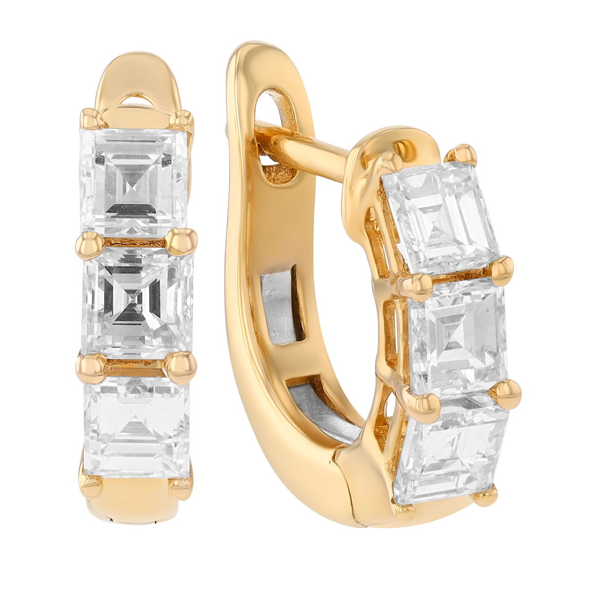 Asscher Cut Diamond Trio Huggie Hoop Earrings in Yellow Gold, 1.35 cttw