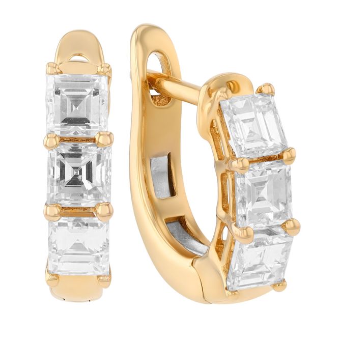 Asscher Cut Diamond Trio Huggie Hoop Earrings in Yellow Gold, 1.35 cttw