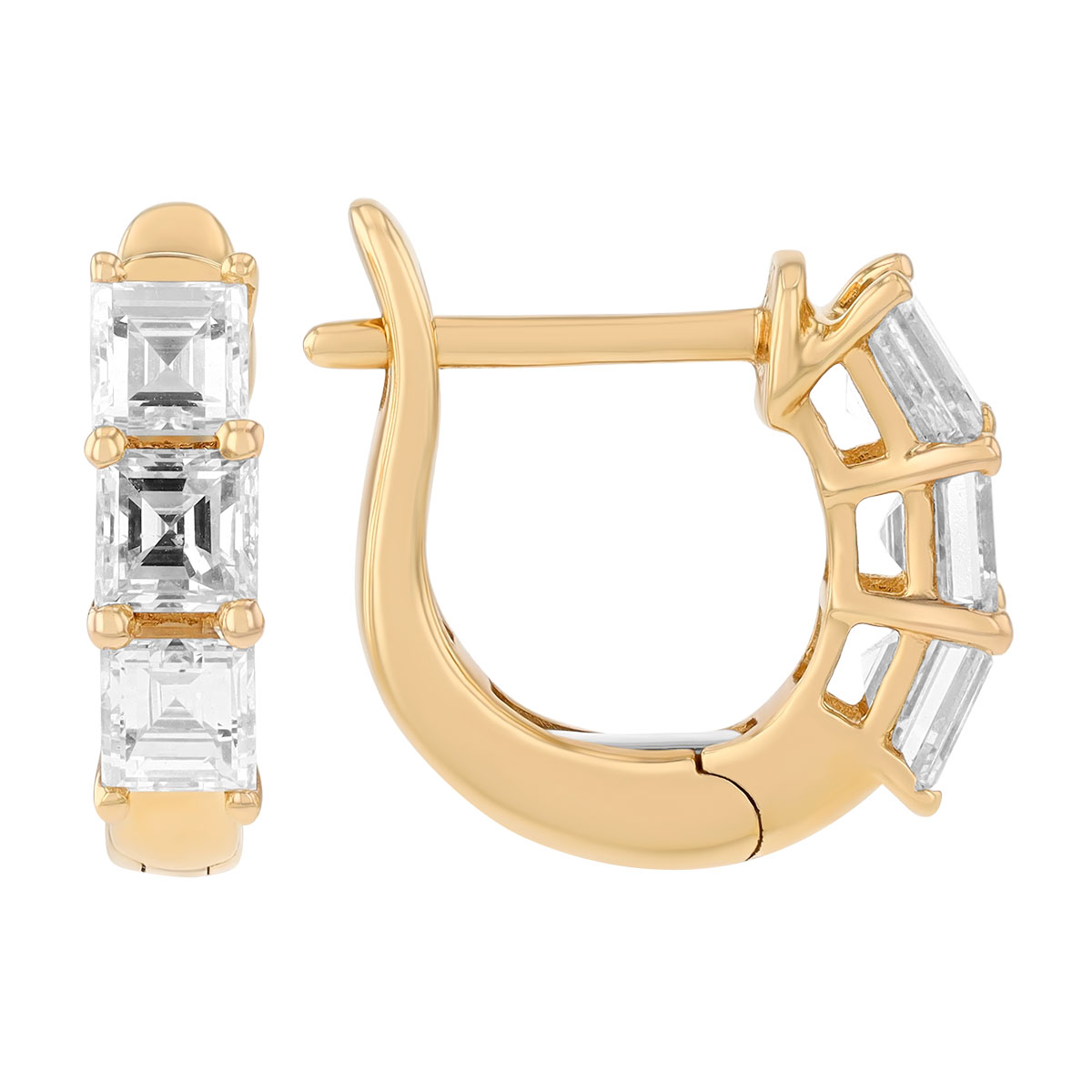 Asscher Cut Diamond Trio Huggie Hoop Earrings in Yellow Gold, 1.35 cttw