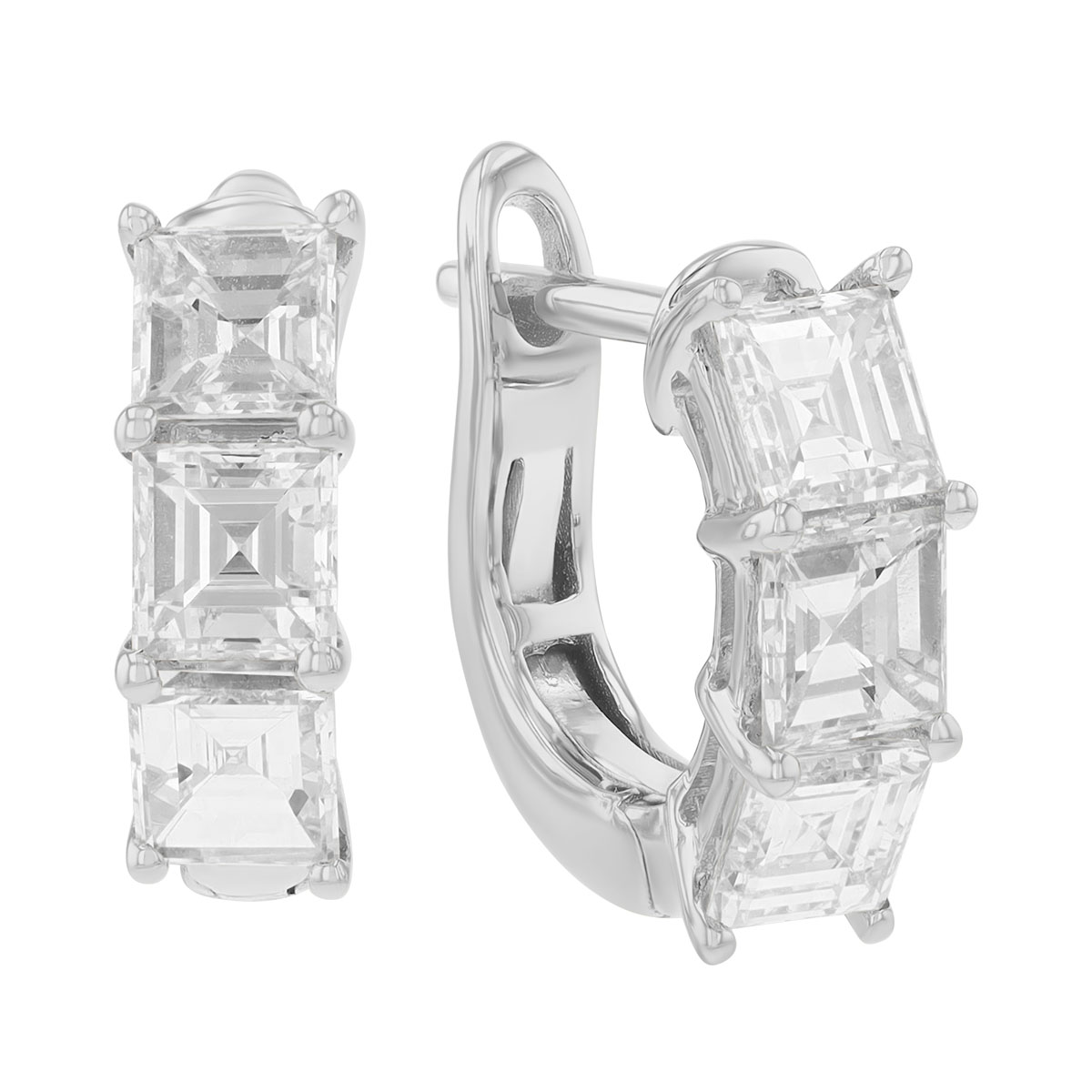 Asscher Cut Diamond Trio Huggie Hoop Earrings in White Gold, 1.85 cttw