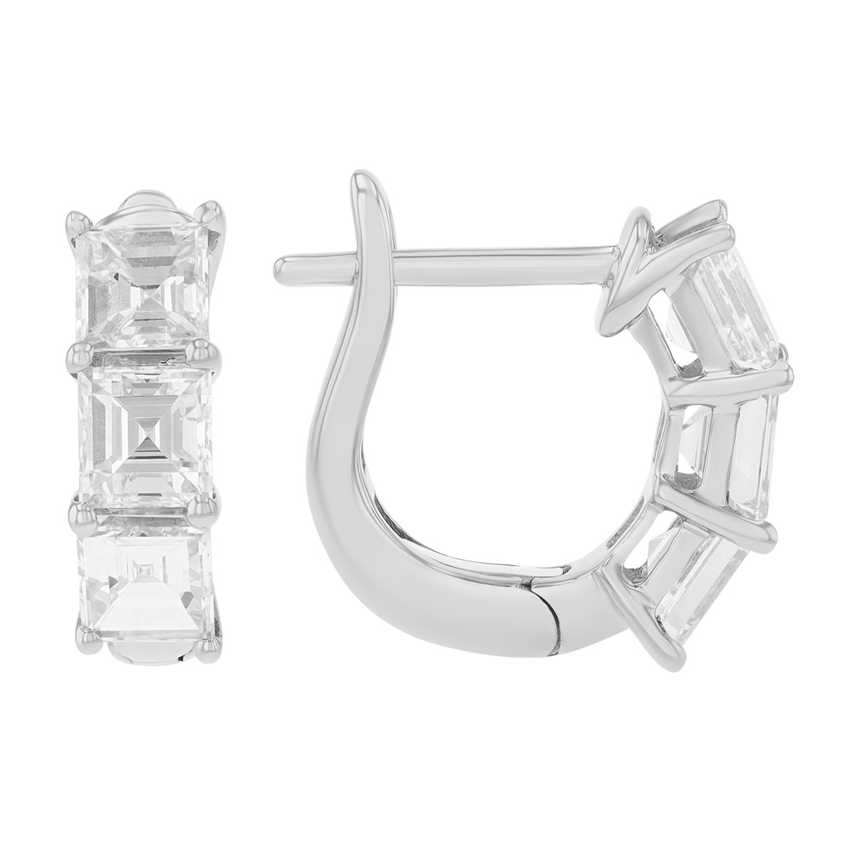 Asscher Cut Diamond Trio Huggie Hoop Earrings in White Gold, 1.85 cttw