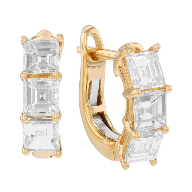 Asscher Cut Diamond Trio Huggie Hoop Earrings in Yellow Gold, 1.85 cttw