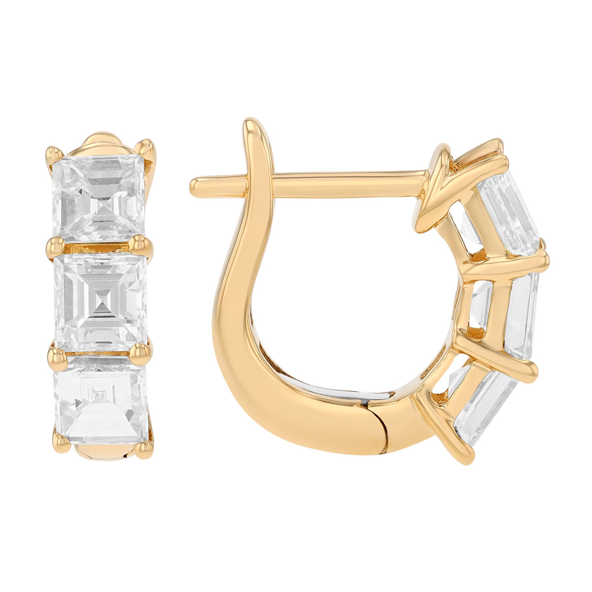 Asscher Cut Diamond Trio Huggie Hoop Earrings in Yellow Gold, 1.85 cttw