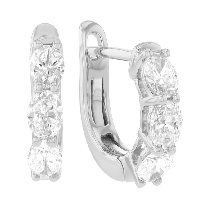 Oval Diamond Trio Huggie Hoop Earrings in White Gold, 1.00 cttw