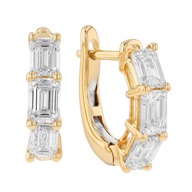 Emerald Cut Diamond Trio Huggie Hoop Earrings in Yellow Gold, 2.00 cttw