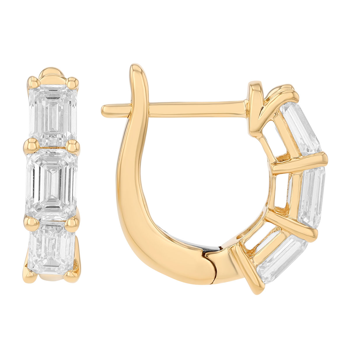 Emerald Cut Diamond Trio Huggie Hoop Earrings in Yellow Gold, 2.00 cttw