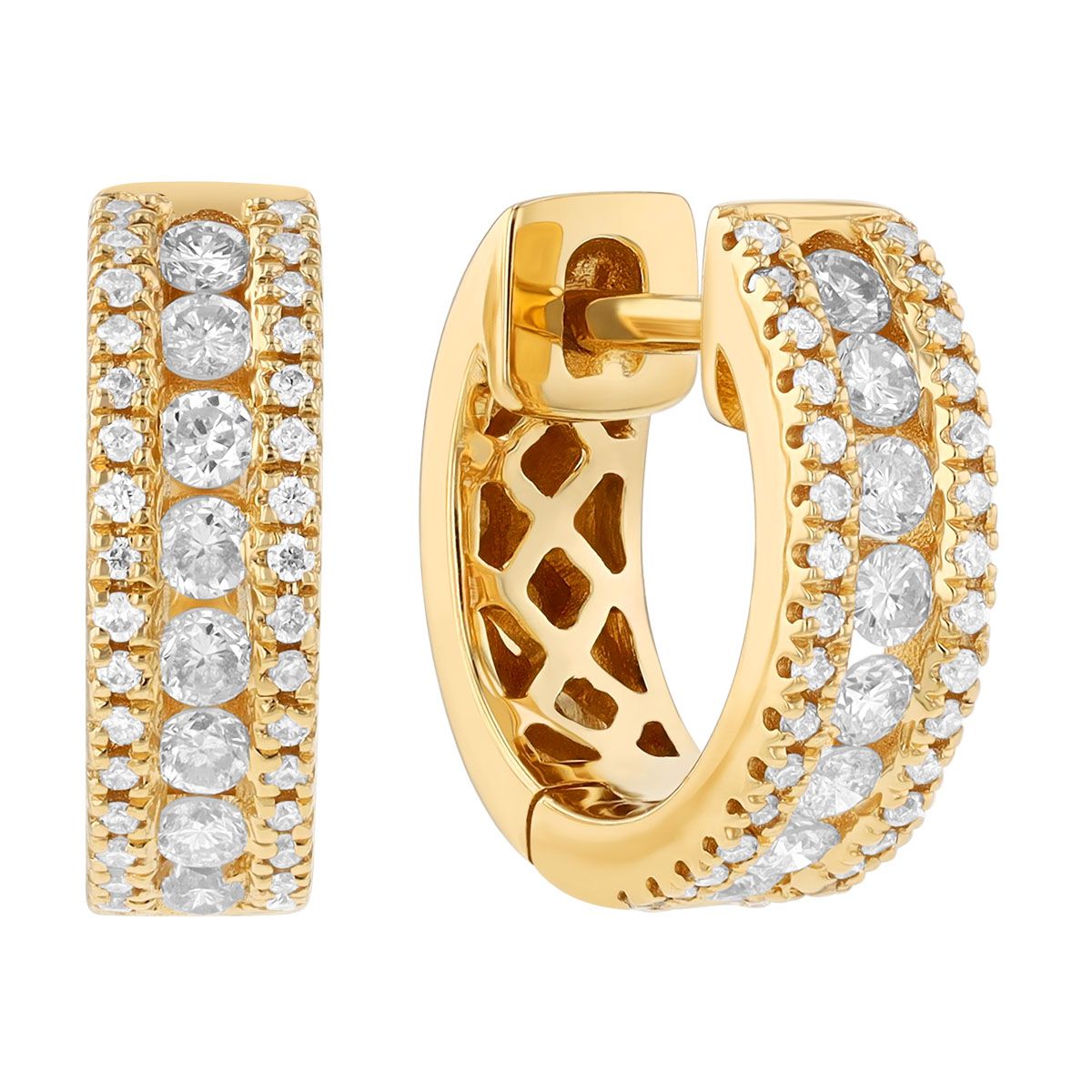 Diamond 3 Row Huggie Hoop Earrings in Yellow Gold