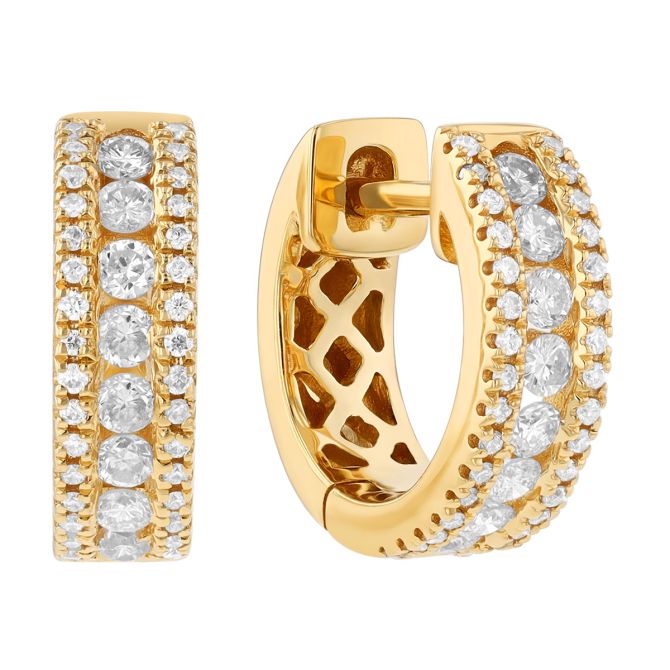 Diamond 3 Row Huggie Hoop Earrings in Yellow Gold
