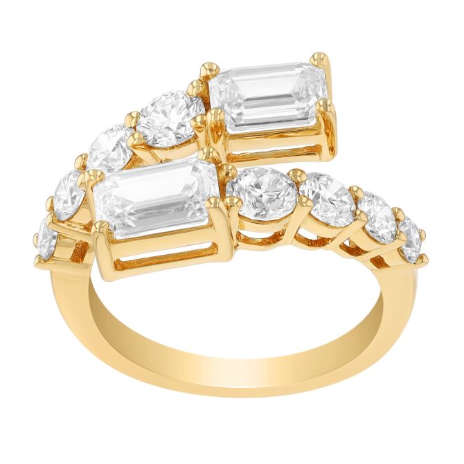 Emerald Cut & Graduated Round Diamond Bypass Ring in Yellow Gold