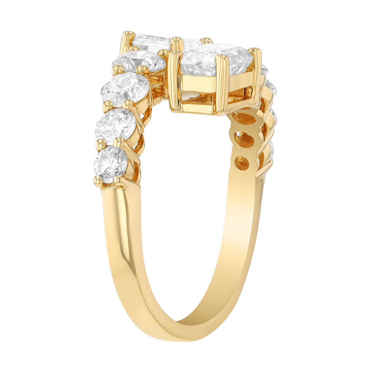 Emerald Cut & Graduated Round Diamond Bypass Ring in Yellow Gold